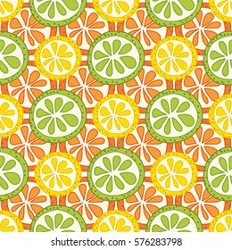 Vector seamless pattern with sliced citrus - grapefruit, lemon, lime, orange.