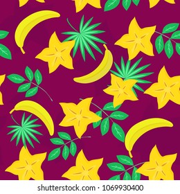Vector seamless pattern with slices of cannon, banana and leaves. Colorful tropical background. For restaurant or cafe menu, design banners, wrapping paper, wallpaper, print for clothes or cover