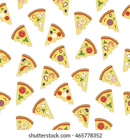 Vector seamless pattern with slices of pizza isolated on a white background. Perfect for for restaurants menu, pizzeria, textiles, food sites and cooking magazines.