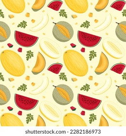 Vector seamless pattern with slices, red watermelon and melon slices, leaves and seeds on a yellow background in a flat style. Ideal for print, wrapping paper, wallpaper, fabric, design.