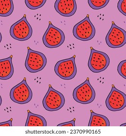 Vector seamless pattern with slices of red fig on purple background. Cartoon design for fabric and paper, surface textures.