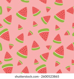 Vector seamless pattern with slices of red watermelon. Flat style summer background.