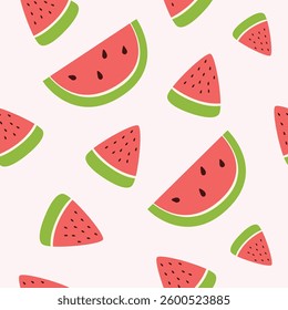 Vector seamless pattern with slices of red watermelon. Flat style summer background.