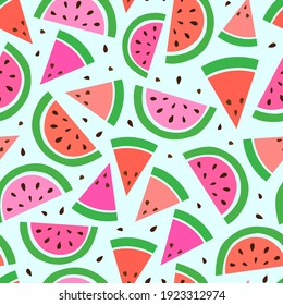 Vector seamless pattern from slices of watermelon. Delicious print, packaging, fabric, surface design. Composition of juicy fruits, banner, poster, postcard. Natural healthy product for healthy diet