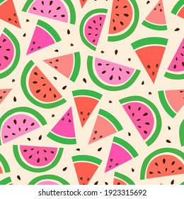 Vector seamless pattern from slices of watermelon. Delicious print, packaging, fabric, surface design. Composition of juicy fruits, banner, poster, postcard. Natural healthy product for healthy diet