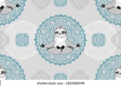 Vector seamless pattern sloth bear in lotus position. Yoga and meditation, ornament with mandalas. Design for printing on textiles, packaging, paper, wallpaper.