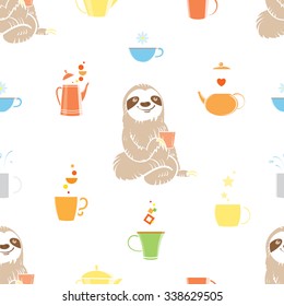 Vector seamless pattern with sloth, cups and teapots on white background.