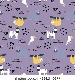 Vector seamless pattern with sloth, hippopotamus, zebra, bird.Tropical jungle cartoon creatures.Pastel animals background.Cute natural pattern for fabric, childrens clothing,textiles,wrapping paper.