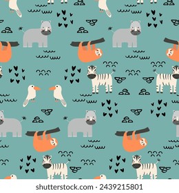 Vector seamless pattern with sloth, hippopotamus, zebra, bird.Tropical jungle cartoon creatures.Pastel animals background.Cute natural pattern for fabric, childrens clothing,textiles,wrapping paper.