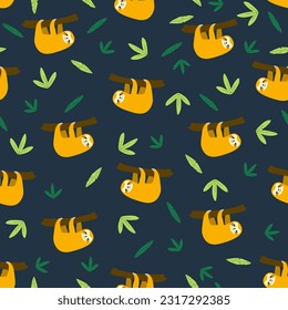 Vector seamless pattern with sloth.Tropical jungle cartoon creatures.Pastel animals background.Cute natural pattern for fabric, childrens clothing,textiles,wrapping paper.