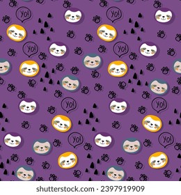 Vector seamless pattern with sloth.Tropical jungle cartoon creatures.Pastel animals background.Cute natural pattern for fabric, childrens clothing,textiles,wrapping paper.
