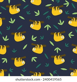 Vector seamless pattern with sloth.Tropical jungle cartoon creatures.Pastel animals background.Cute natural pattern for fabric, childrens clothing,textiles,wrapping paper.