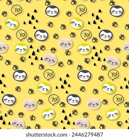 Vector seamless pattern with sloth.Tropical jungle cartoon creatures.Pastel animals background.Cute natural pattern for fabric, childrens clothing,textiles,wrapping paper.