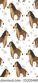 Patrón sin fisuras de Vector con Pequeños caballos hermosos, puntos decorativos sobre fondo blanco. Lindo personaje de dibujos animados. Elemento gráfico plano. Divertido pony con gruesa melena negra. Diseño de diseño de impresión infantil.