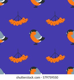 a vector seamless pattern with a small bird and berries; a flat illustration of a bullfinch and rowan