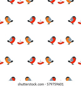 a vector seamless pattern with a small bird and berries; a flat illustration of a bullfinch and rowan