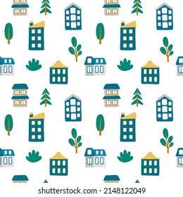 Vector seamless pattern with small cartoon houses and trees. Cute illustration for wallpaper, wrapping paper, background, fabric, textile.