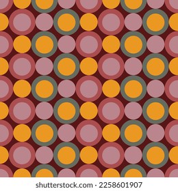 Vector seamless pattern with small circles in groovy retro style. Pastel colors on dark red. Paper or fabric print, wallpaper, background