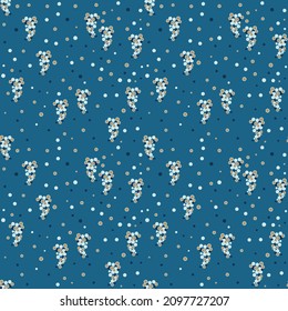 Vector seamless pattern with small colored dots in the shape of grapes. Liberty style wallpaper. Abstract background for fabric, print natural ornament. Blue, light blue, gold. Repeat design for decor