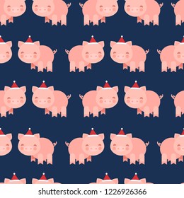 Vector seamless pattern with a small, cute pig in a Christmas hat. Abstract background. Winter illustration.