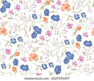 Vetor padrão sem emenda com pequenas flores bonitinhas.  Ditsy fundo floral. abstrato sem costura aquarela floral botânica e folhas padrão em fundo branco.Vintage tecido floral solto padrão.