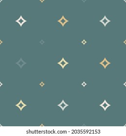 Vector Seamless Pattern With Small Diamond Shapes, Stars, Rhombuses. Abstract Teal, Gold, Beige Geometric Texture. Minimal Repeat Background. Subtle Kids Design For Decor, Wallpaper, Fabric.