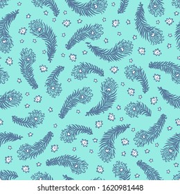 Vector seamless pattern with small feathers and flowers on blue background for children room decor. Gender neutral nursery fabric design. Hand drawn seamless texture.