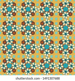 Vector seamless pattern with small flower blossoms. Hand drawn vector illustration. Seamless color background in blue, yellow and beige colors.