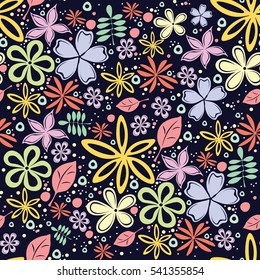Vector seamless pattern in small flower with dark blue background