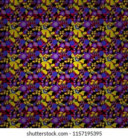 Vector seamless pattern with small flowers in a black, violet and green colors. Rich fashionable floral texture for wallpaper, interior, tiles, print, textiles, packaging and various types of design.