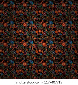 Vector seamless pattern with small flowers in a black, red and brown colors. Rich fashionable floral texture for wallpaper, interior, tiles, print, textiles, packaging and various types of design.