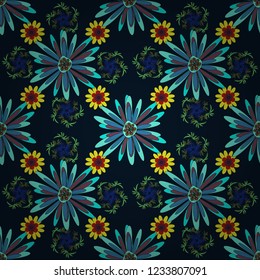 Vector seamless pattern with small flowers in a black, brown and blue colors. Rich fashionable floral texture for wallpaper, interior, tiles, print, textiles, packaging and various types of design.