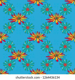 Vector seamless pattern with small flowers in a yellow, blue and green colors. Rich fashionable floral texture for wallpaper, interior, tiles, print, textiles, packaging and various types of design.
