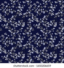 Vector seamless pattern with small flowers on branch. Liberty style floral wallpapers. Abstract botanical background, natural ornament. Blue flowers on black backdrop. Repeat design for decor, print