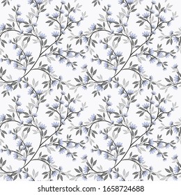 Vector seamless pattern with small flowers on branch. Liberty style floral wallpapers. Abstract botanical background, natural ornament. Blue flowers on white backdrop. Repeat design for decor, print