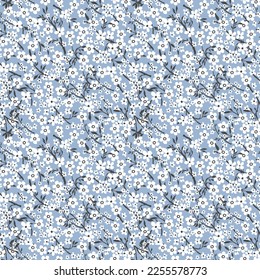 Vector seamless pattern of small flowers and twigs, floral seamless pattern, seamless pattern of white flowers on a blue background for packaging or fabric.