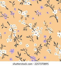 Vector seamless pattern of small flowers and twigs, floral seamless pattern, seamless pattern of white and lilac flowers on a beige background for packaging or fabric.