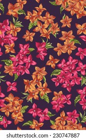 Vector seamless pattern with small flowers on a dark background.