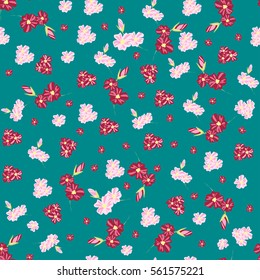 Vector seamless pattern with small flowers. Bright, buds, leaves, branches on a blue-green background