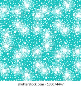 Vector seamless pattern with small furry flowers or pompoms or snowflakes in aqua blue and white colors can be used for web, print, wallpaper, fall winter fashion, fabric, textile, card background.