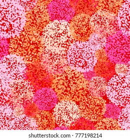Vector seamless pattern with small furry flowers or pompoms in variety of bright colors can be used for web, print, wallpaper, spring summer fashion, fabric, textile, card background.