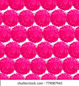 Vector seamless pattern with small furry flowers or pompoms in pink bright color can be used for web, print, wallpaper, spring summer fashion, fabric, textile, card background.