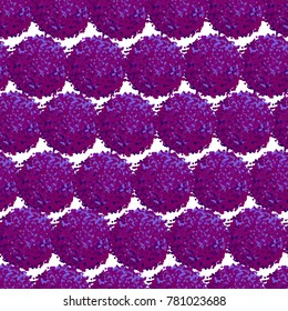 Vector seamless pattern with small furry flowers or pompoms in purple bright color can be used for web, print, wallpaper, spring summer fashion, fabric, textile, card background.