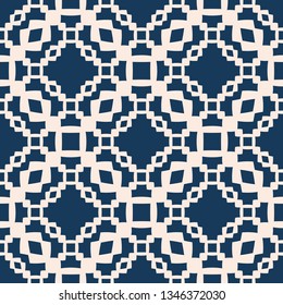 Vector seamless pattern with small geometric shapes, squares, grid, net, repeat tiles. Subtle minimal background in dark blue and beige color. Abstract ornamental texture. Design for decor, wallpapers