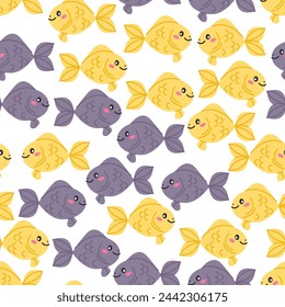 Vector seamless pattern with small goldfish hand-drawn on a white background. Marine animals, ocean fish for your design