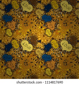 Vector. Seamless pattern with small hearts on yellow, black, orange backdrop. Valentines day background. Love romantic theme. Abstract texture, repeat tiles. Design for decoration, gift paper, textile