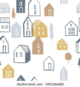 Vector seamless pattern with small houses on white background.