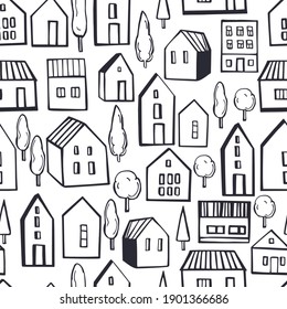 Vector seamless pattern with small houses on white background.