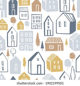 Vector seamless pattern with small houses on white background.