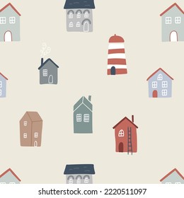 Vector seamless pattern with small houses and ligthhouse in scandinavian style. For kids, nursery textile, fabric, paper design. Vector flat illustration